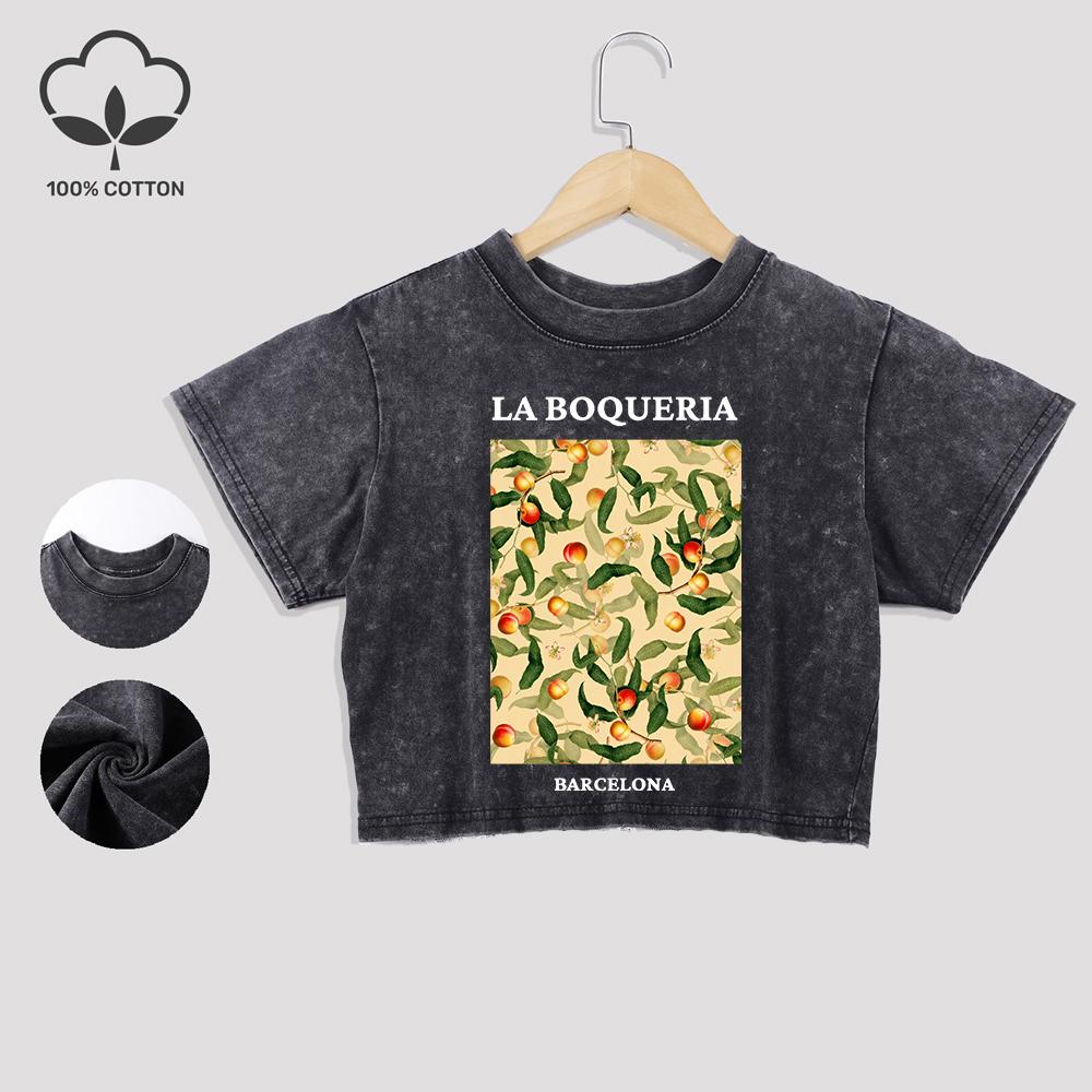 Barcelona Fresh Peaches Cotton Washed T-Shirts Trend Summer Lace Hem Crop Tops Regular Fit O-Neck Short Sleeve Casual Clothes