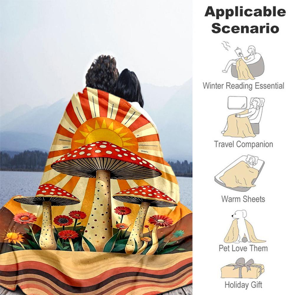 1pc Mushroom Sunburst Outdoor Flannel Blanket Soft Warm All-Season Throw for Sofa Bed Car Camping Office, Cozy Gift Idea1168S