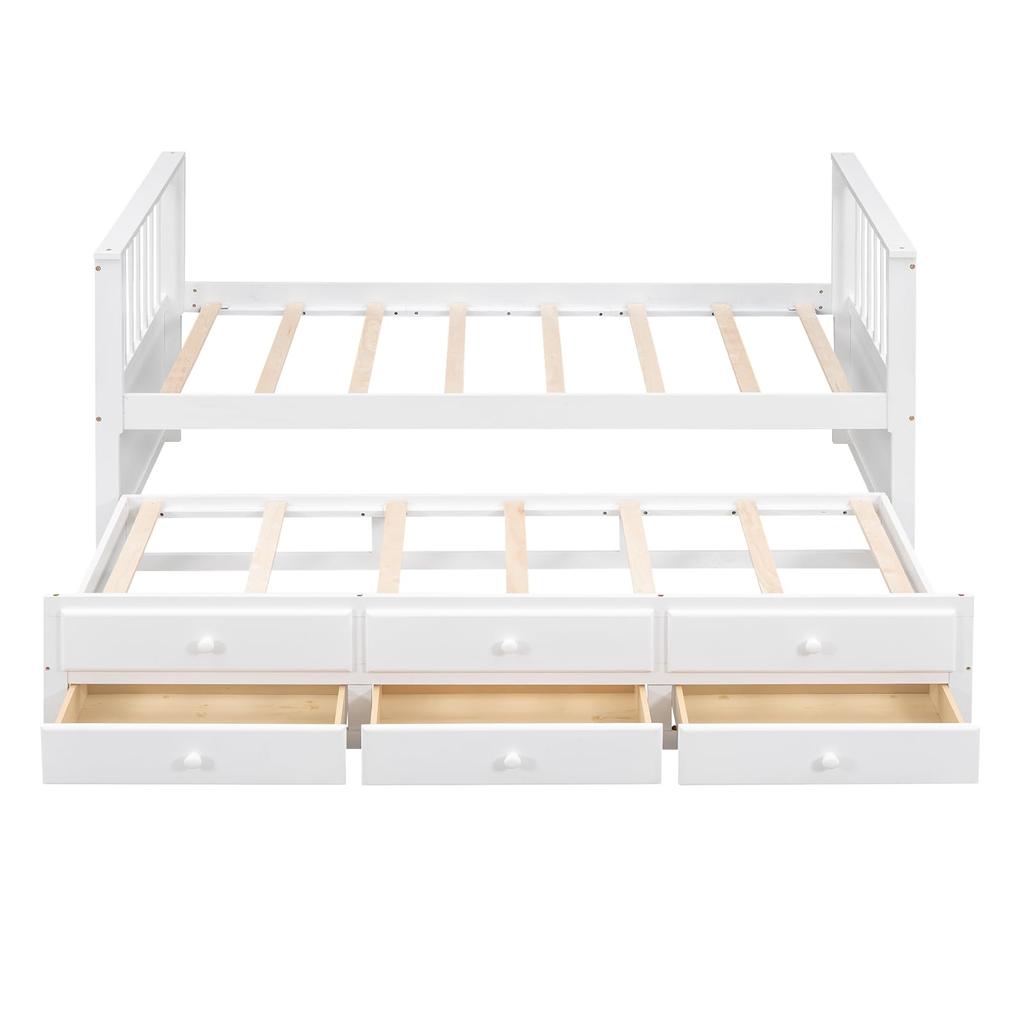 Kinderbett Tagesbett 90x200 Bettauszug Einzel-/Doppelbett Stauraum 3 Schubladen Holzbett Lattenrost Weiß ohne Matratze