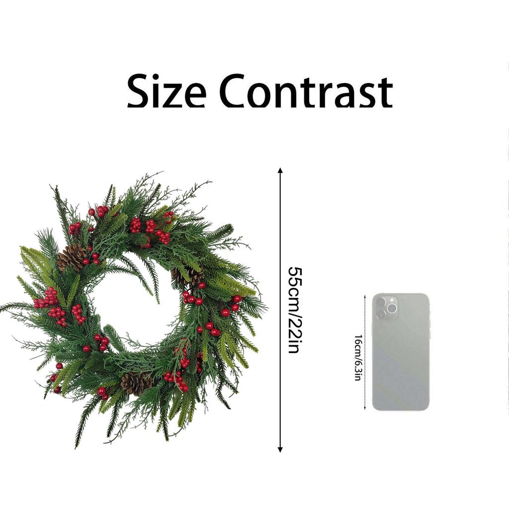 Pre-Lit Artificial Christmas Wreath,  Artificial Christmas Garland For Front Door With Red Bow, Cones, Red Berries,