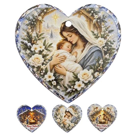 Heart Shaped Nativity Pendants Wooden Hanging Ornament for Christmas Tree Decorations, Retro Religious Vintage Style Holiday Tags Scene Garland