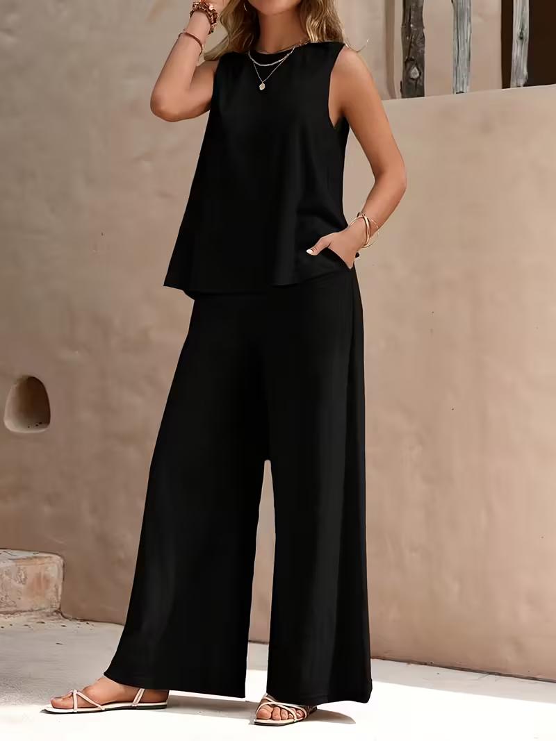 Women Sleeveless Top and Wide Leg Pants Set Solid Color Two Piece Outfit Lightweight Breathable Casual Summer Loose Fit Set S чёрный