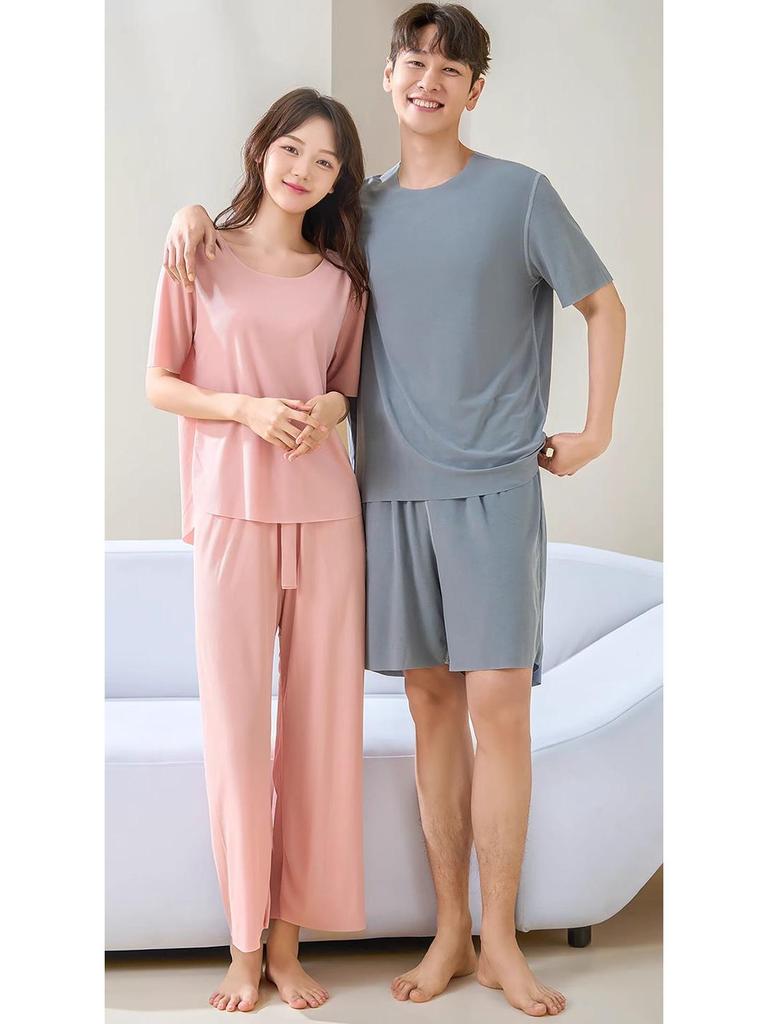 2024 Summer Ice Silk Ribbed Pajama Set - Loose Fit, Plus Size, Solid Color, Two-Piece for Couples.
