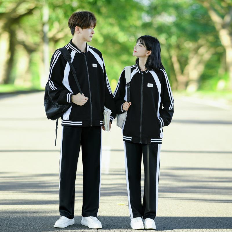 College Style Black Baseball Jacket Set for Students – 3-Piece Autumn Sports School Uniform