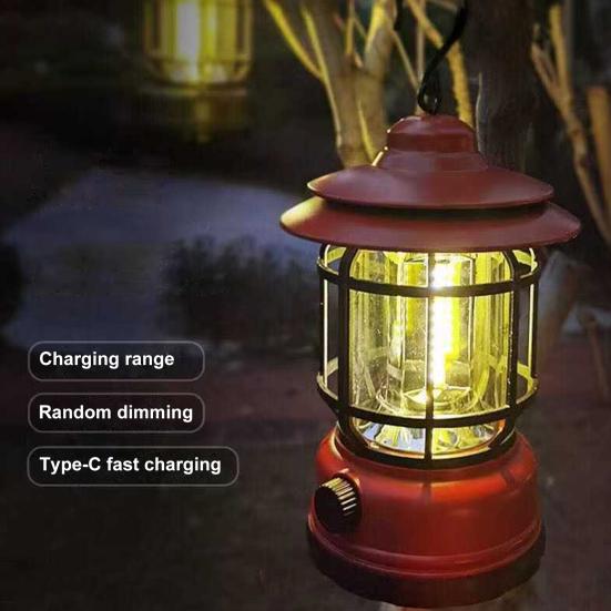 Retro Shape Outdoor Camping Light IPX4 Waterproof Type-C Fast Charging Hook Design Tent Lamp Multifunctional Handheld Outdoor Light