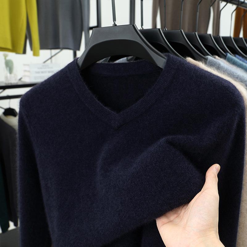 High-End Cashmere Thick V-Neck Wool Sweater for Men: Middle-Aged & Young, Warm Knitted Pullover