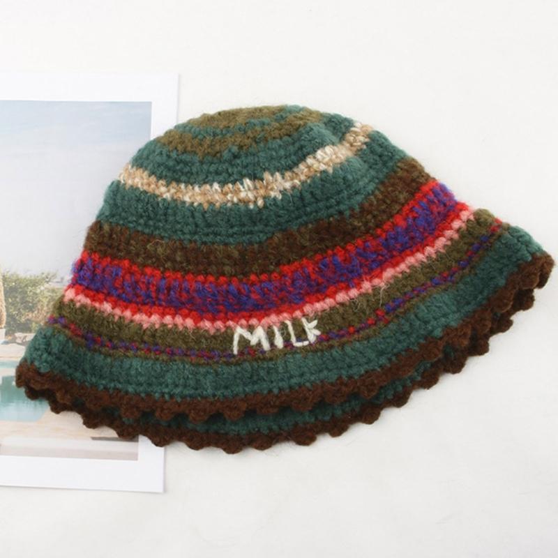 Rainbow Stripe Pattern Crochet Bucket Hat Ladies Commute Camping Fisherman Cap with Stripe Pattern for Girlfriend