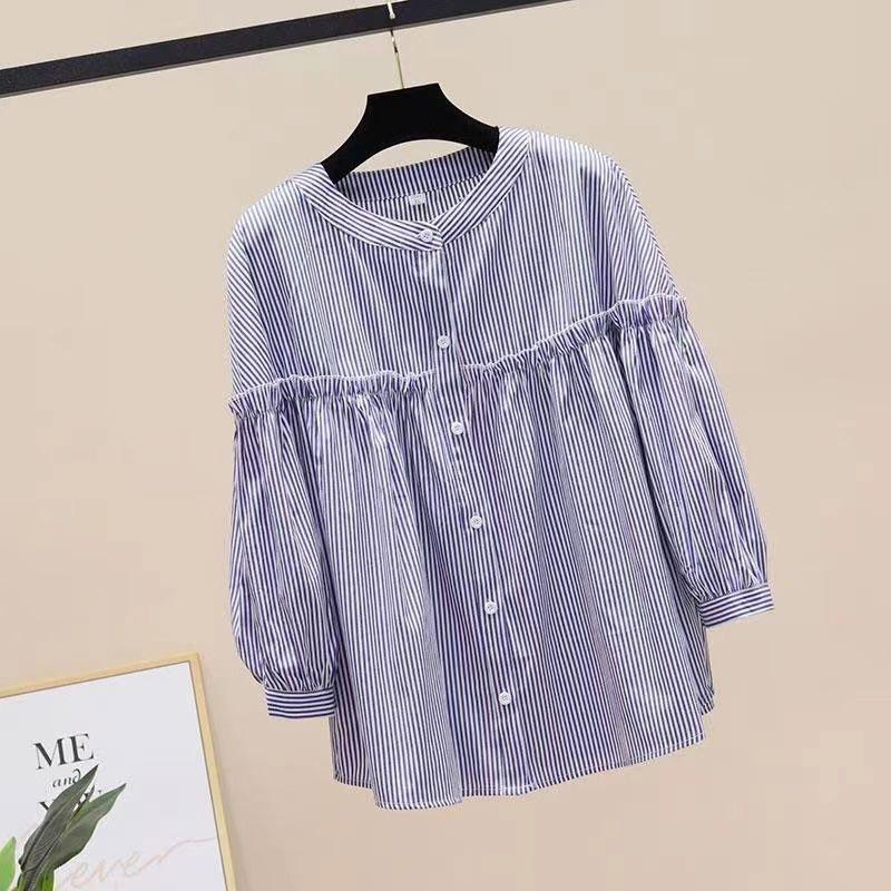 Spring Fashion Casual Stand Collar Striped Shirt Women's Versatile Ninth Sleeve Lace Shirt