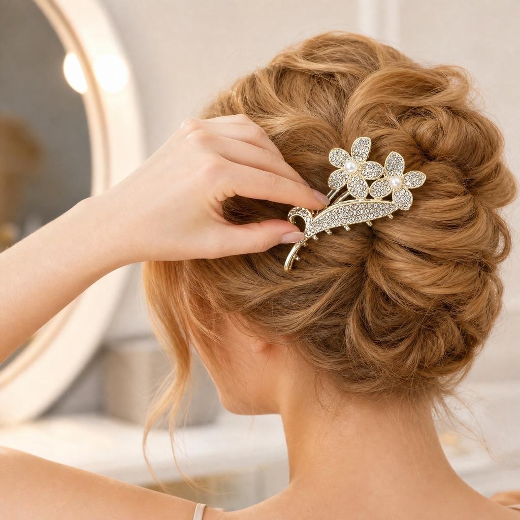 Large Metal Hair Claw Clip with Floral Design Pearl and Rhinestone Accents Tassel Hairpin for Updo Styling and Secure Hold