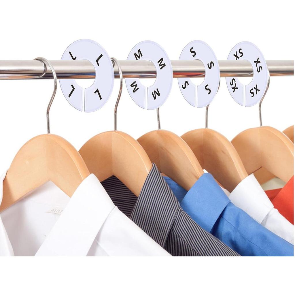 White Double-Sided Round Plastic Clothing Size Dividers with Printed Design for Closet Organization