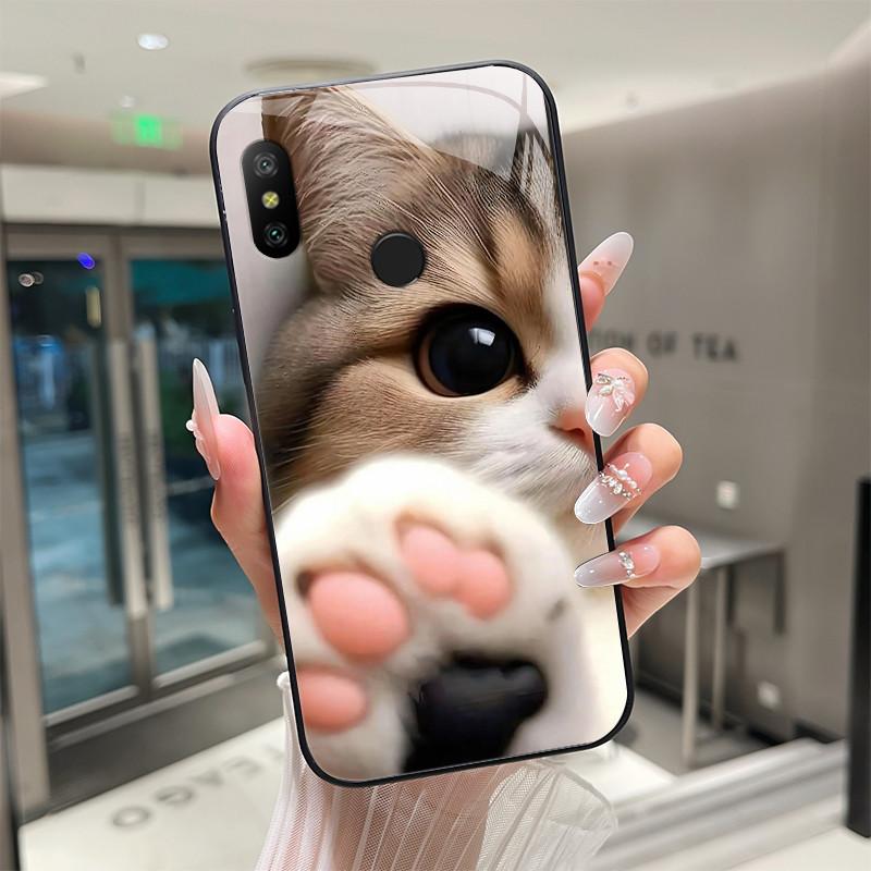 Beautiful Flower Cute Cartoon Cats Case For Xiaomi Mi A2 / Mi A2 Lite Tempered Glass Phone Case Protective Back Cover Hard Shell