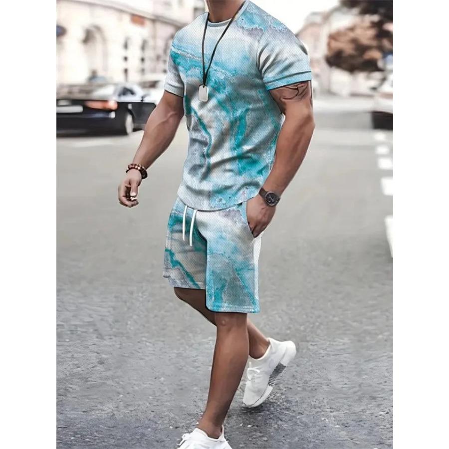 Summer Men's Sailor Short Sleeve Set Anchor Print Pattern Short Sleeve Shorts Set Men's Crew Neck T-Shirt and Drawstring Shorts