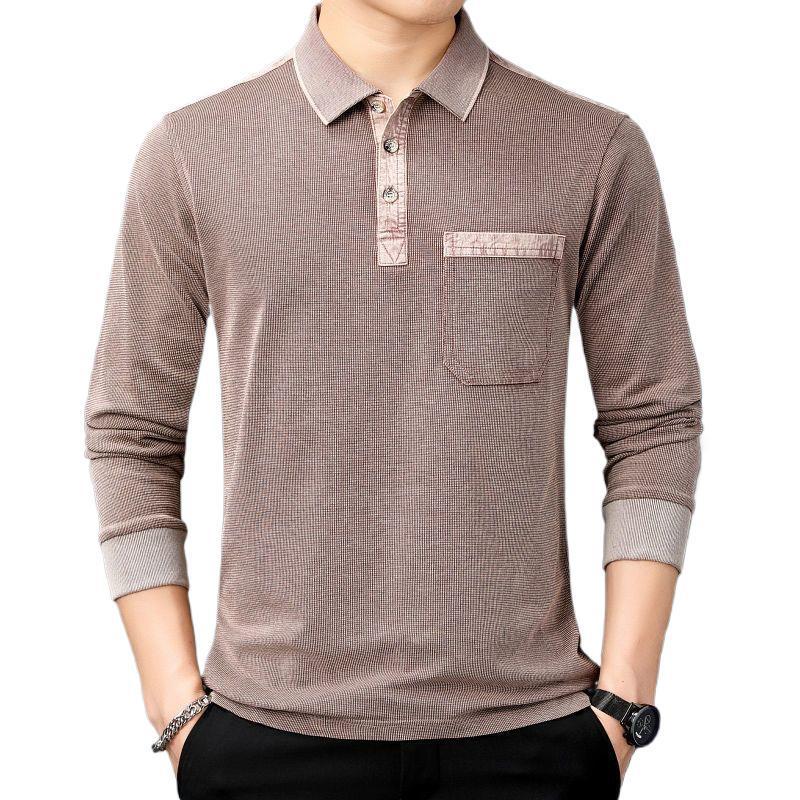 Men's Long-Sleeve Turn-Down Collar Polo Shirt with Ribbed Cuffs and Pocket, Loose Fit