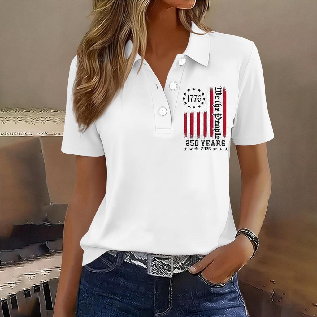 Damen Casual Knopf Kurzarm Poloshirt 250. Jubiläum Aufdruck Oberteil Unabhängigkeitstag Stil Leichtes Weiches Gewebe