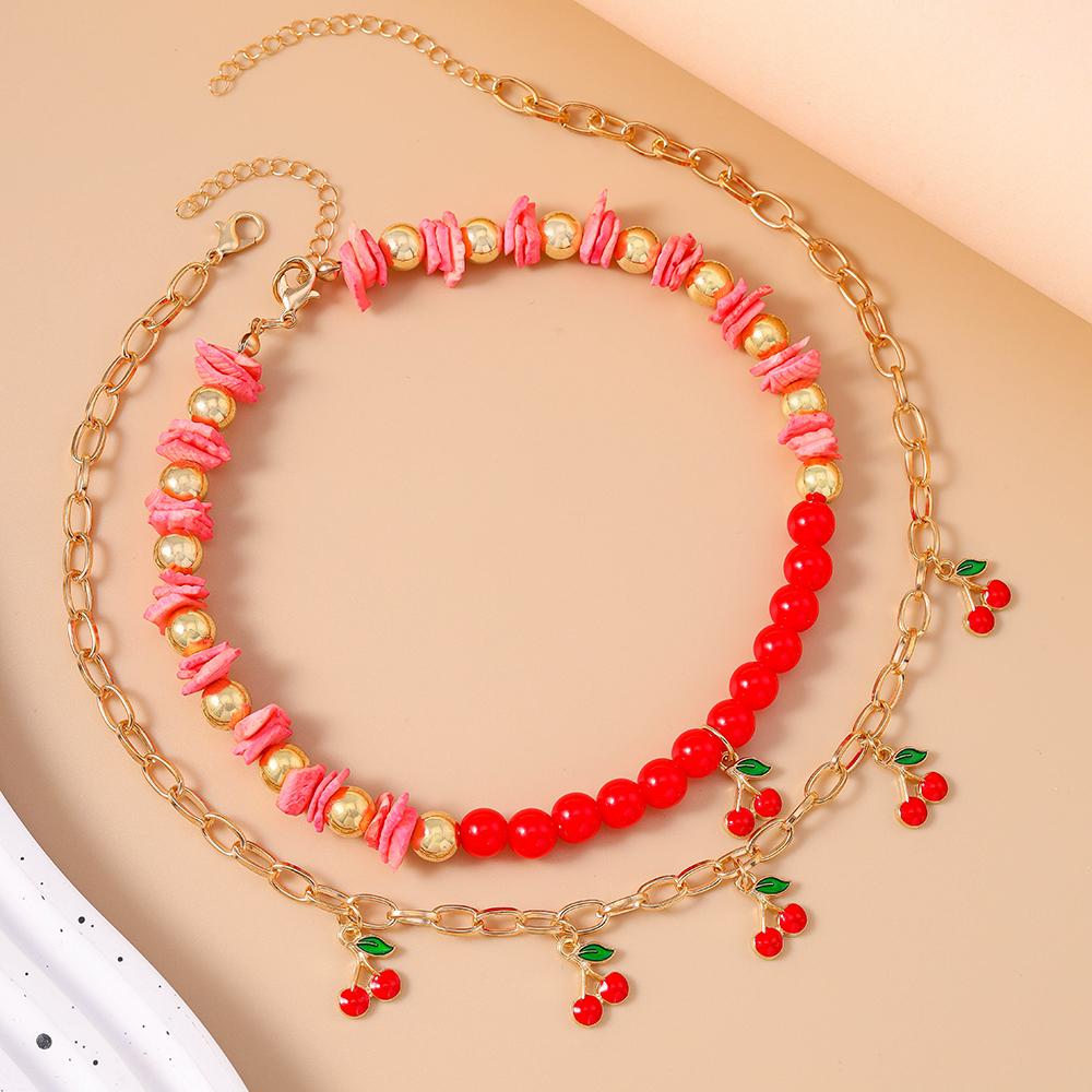 2pcs Cute Fruit Cherry Necklace Multi-layer Beads Choker Necklacec Pendants for Women Girls Party Jewelry Gifts
