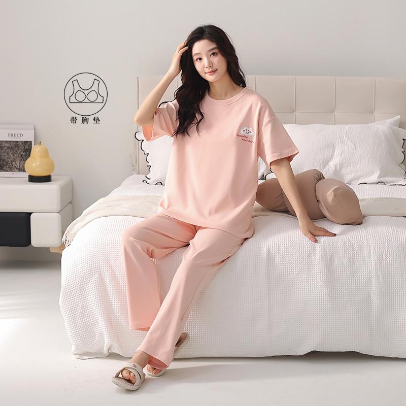 Pajamas women's summer pure cotton 1011 new models with chest pads, short sleeves, shorts, simple pullover, can be worn outside, loungewear set
