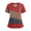 Women's Loose Short Sleeved Fashionable Square Printing V-neck Buttonable Side Slit Top T-shirt