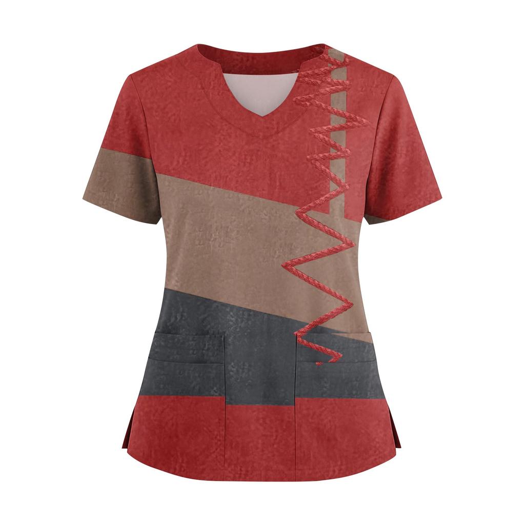Women's Loose Short Sleeved Fashionable Square Printing V-neck Buttonable Side Slit Top T-shirt