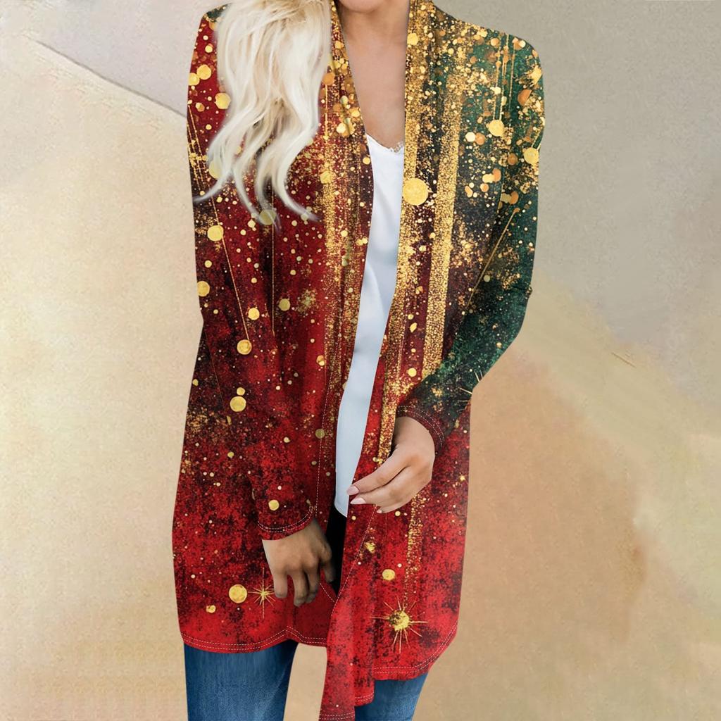 Women's Fashion Casual Christmas Tree Printed Mid-Length Cardigan Jacket