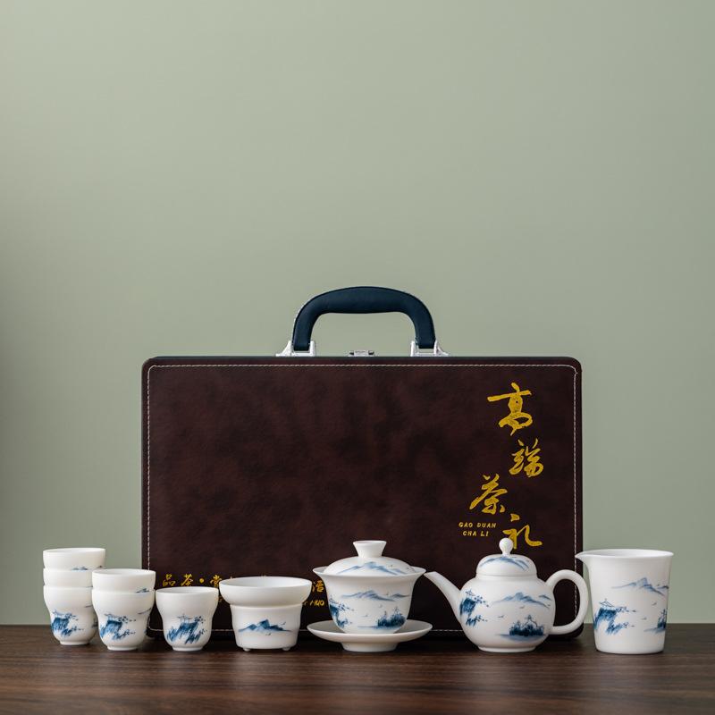 White Pottery Hand-painted Plain-fired Suet Jade Porcelain Tea Set Business Company Annual Meeting High-end Gifts