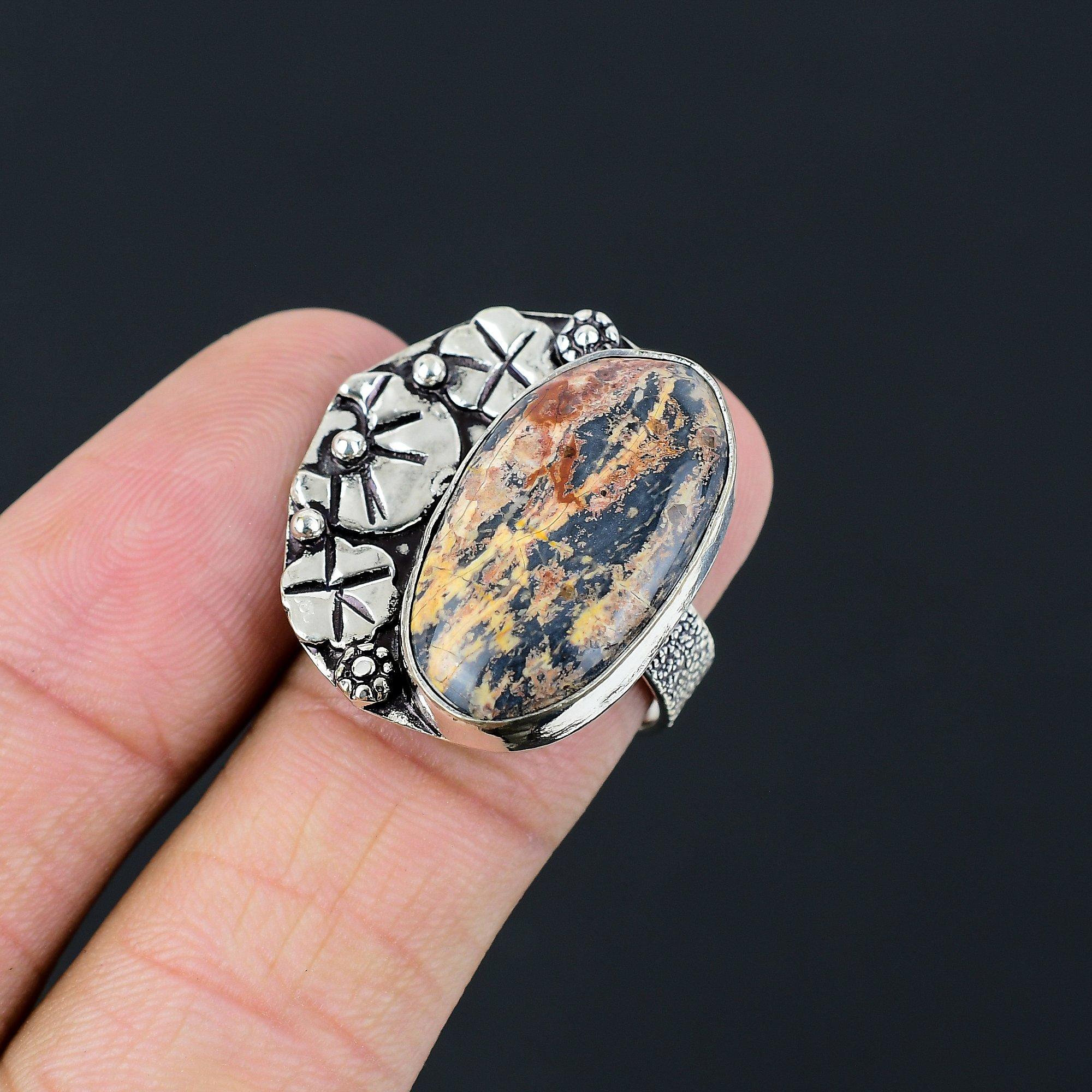 925 Silver Oval Asteroid Jasper Stone Mother Statement Boho Ring Jewelry Size 8 8
