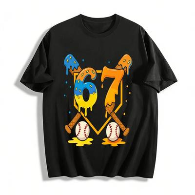 Ice Cream Melt Number 67 Baseball Themed Casual Print T-Shirt Pure Cotton T-shirt