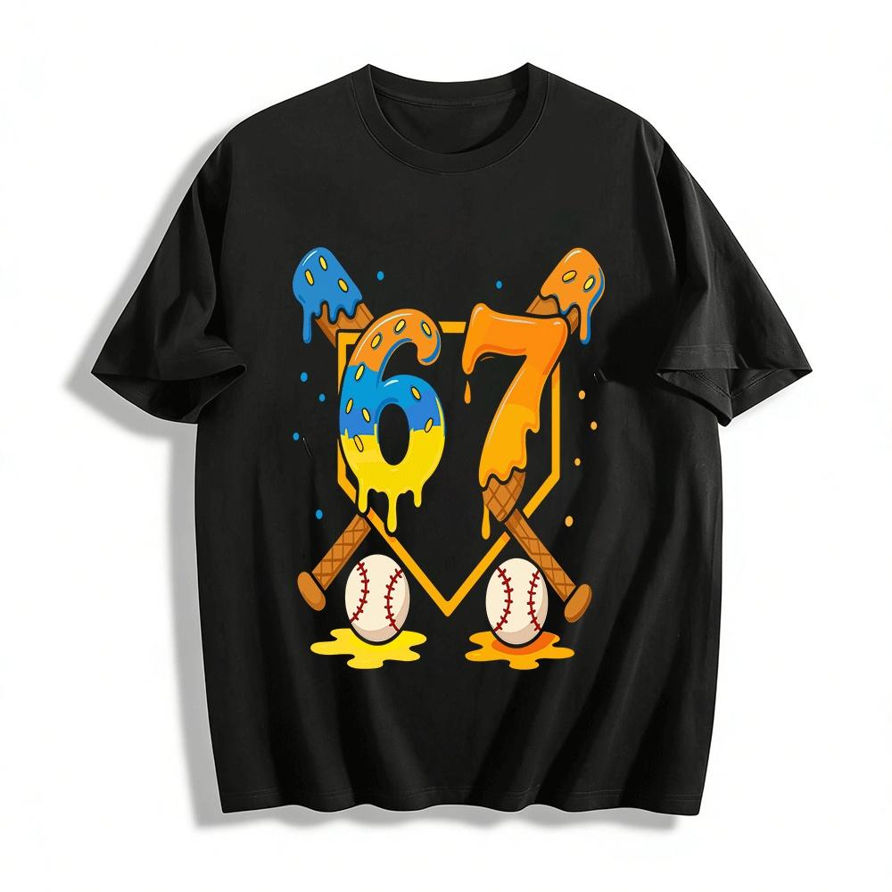 Ice Cream Melt Number 67 Baseball Themed Casual Print T-Shirt Pure cotton T-shirt XXS