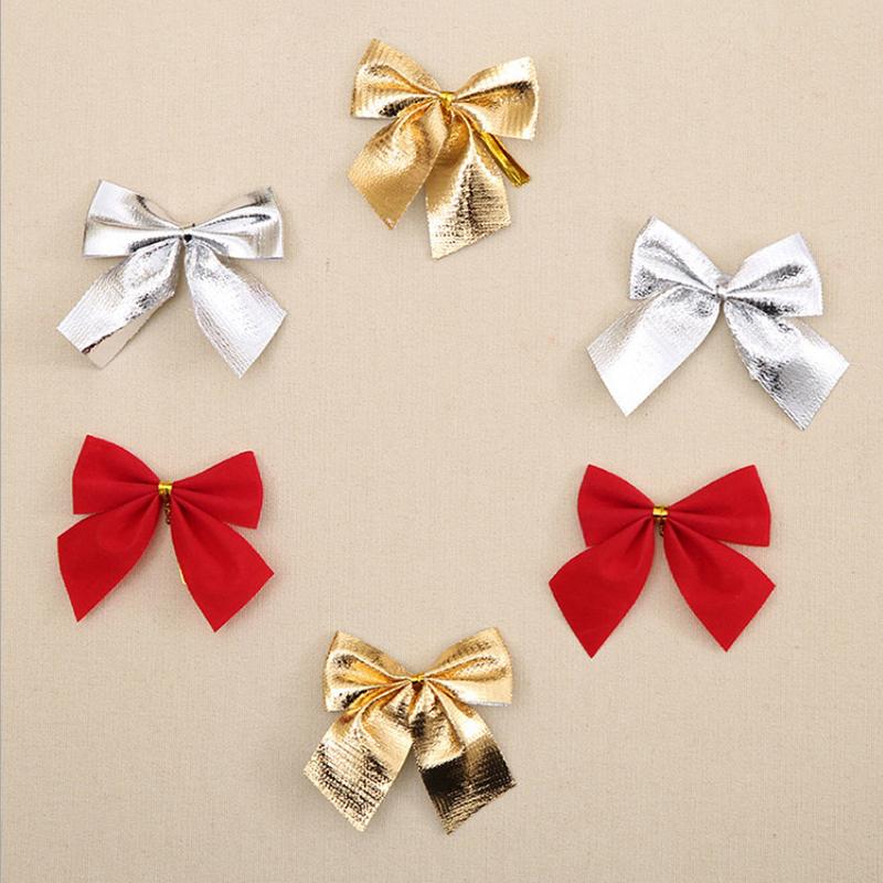 12Pcs/Pack Golden Silver Red Christmas Bow Ornament Tree Decoration Bowknot Pendant For Home