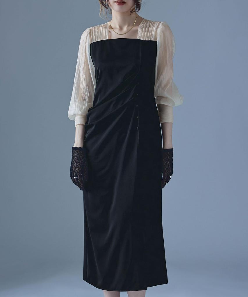 Draped Long Occasion Black x Size M [etoll] I-Line Dress, Sleeve, Dress, Beige,