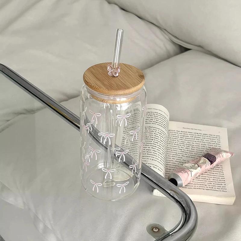 Cute Bowknot Glass Cups With Bamboo Lid And Straw 500ml Can Shaped Glass Cups Iced Hot Coffee Juice Glasses Tumbler Cup Gift