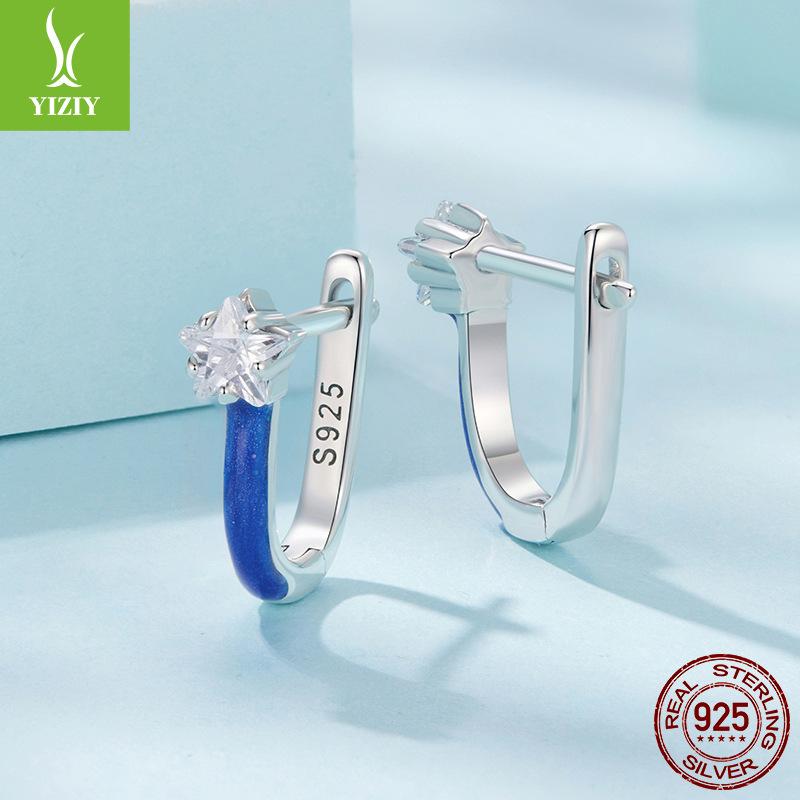 S925 Sterling Silver Blue Star Ear Buckle Women'S Pop Shining Pentagram Earrings Earrings