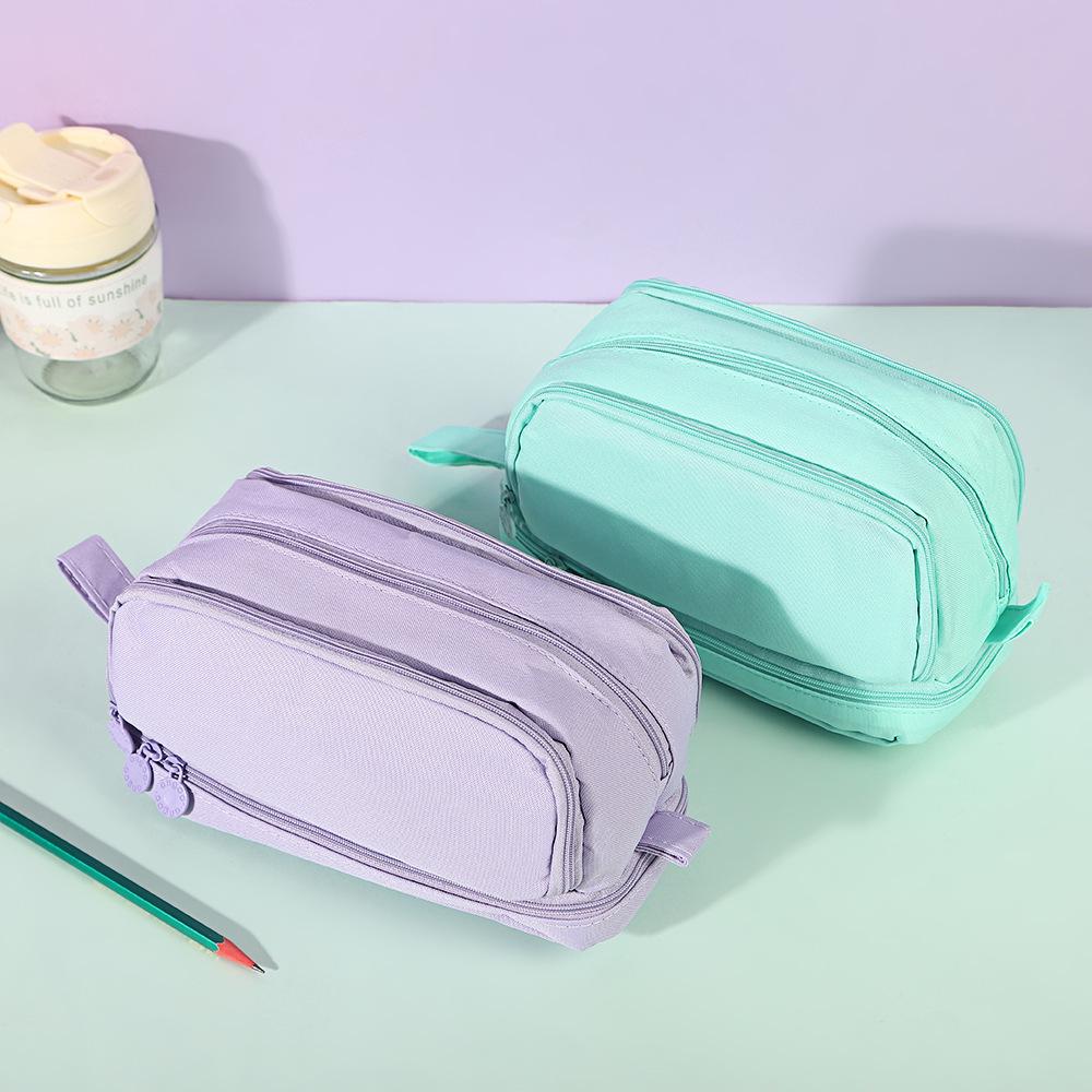 Double-Layer Stain-Resistant Pencil Case: Large-Capacity, Solid-Color Storage Bag for Students