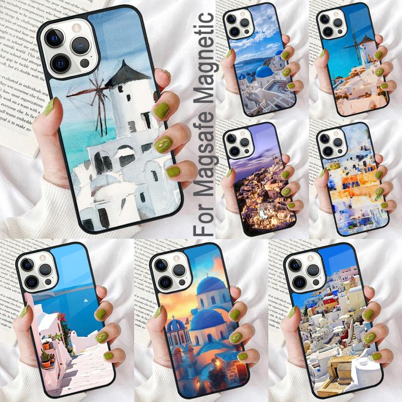 Oia Santorini Greece Soft Phone Case for iPhone 17 Air 16e Pro max 15 Pro 13 14 Plus 11 12 MagSafe Magnetic Coque