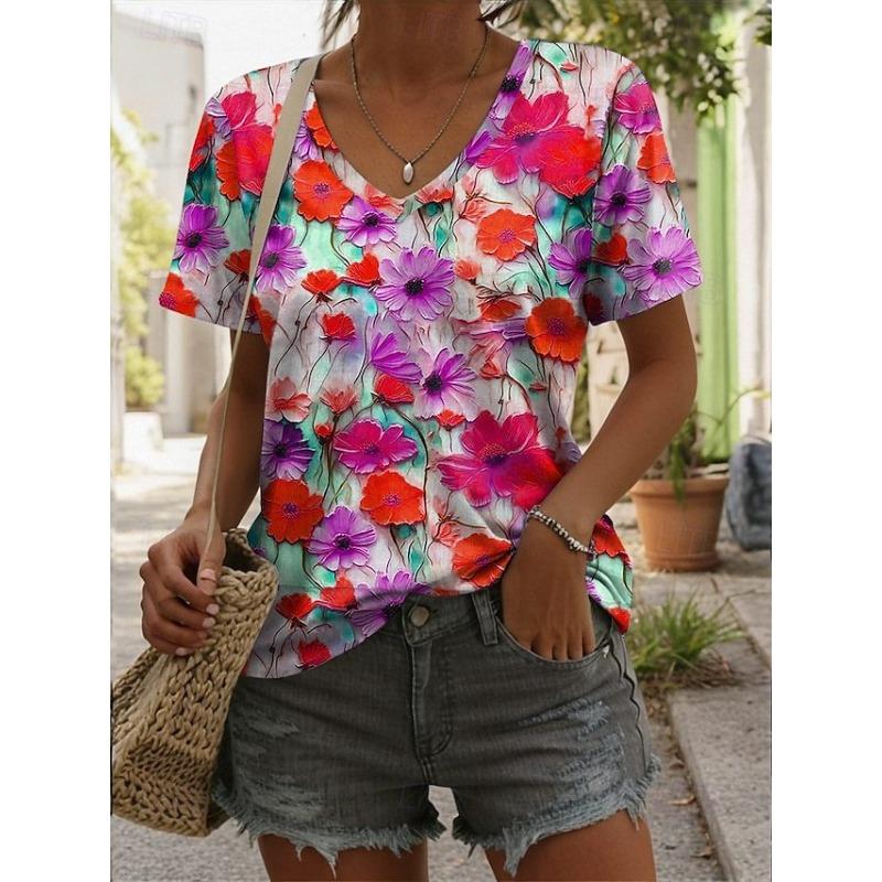 Summer New 3D Printed V-neck Women's Loose Casual Short Sleeved T-shirt