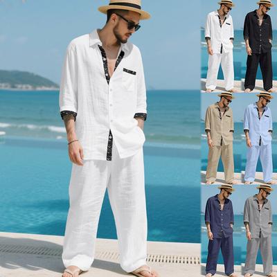 Men's Linen Autumn Suit Set: Men's Casual Shirt, Long-sleeved Top and Trousers – Men's Two-piece Set