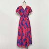 Women Summer High Waist A Line Dress Ethnic Printed Short Sleeve Lace Up