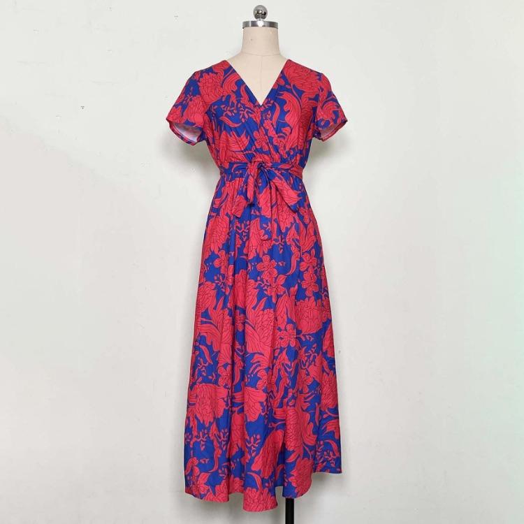 Women Summer High Waist A Line Dress Ethnic Printed Short Sleeve Lace Up
