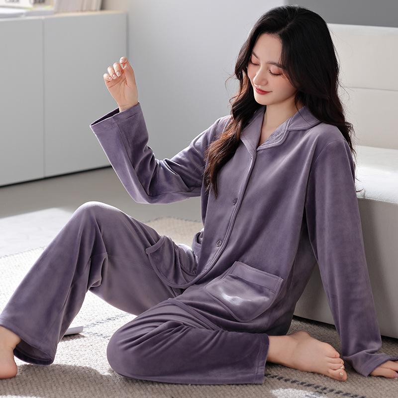 Island Fleece Winter Cardigan Pajamas Women's Thickened Lapel Skin-friendly Warm Fleece Loose Coral Fleece Loungewear Set