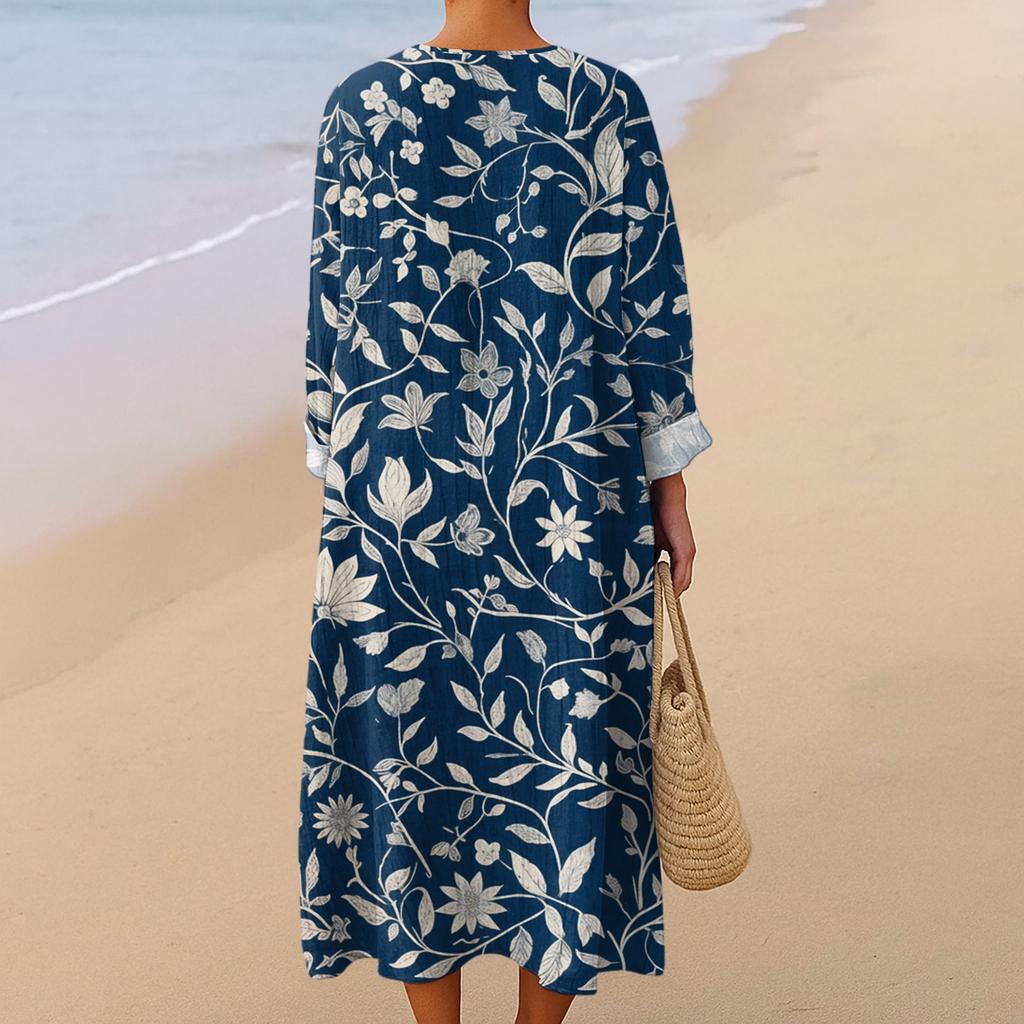 Women's Casual And Fashionable V-Veck Flower Print Long Sleeved Dress Long Sleeved Dress