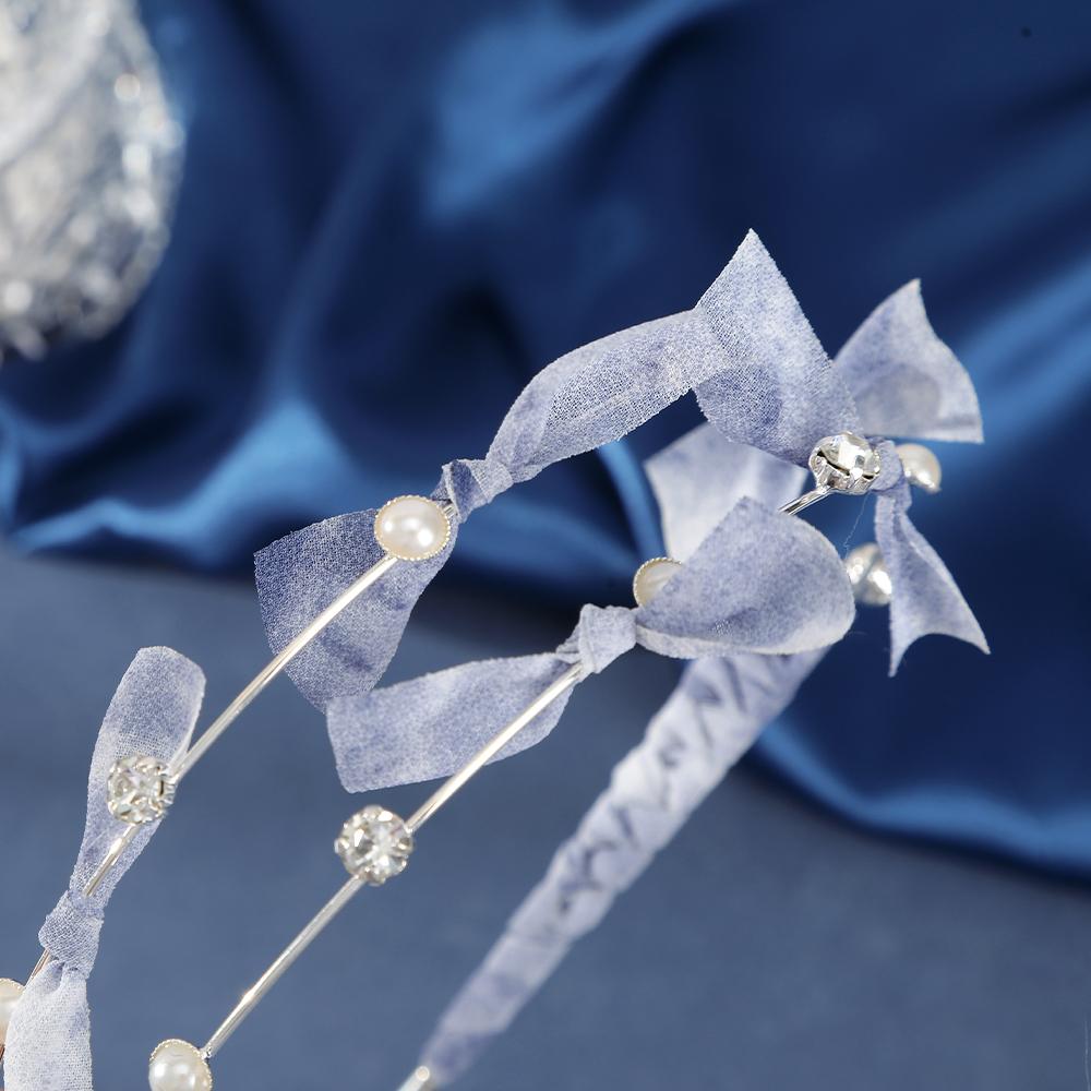 Double Rhinestone Pearl Bow Ribbon Headband Dark Blue Hair Bands Head Hoops For Women Retro Summer Simple Headbands Accessories