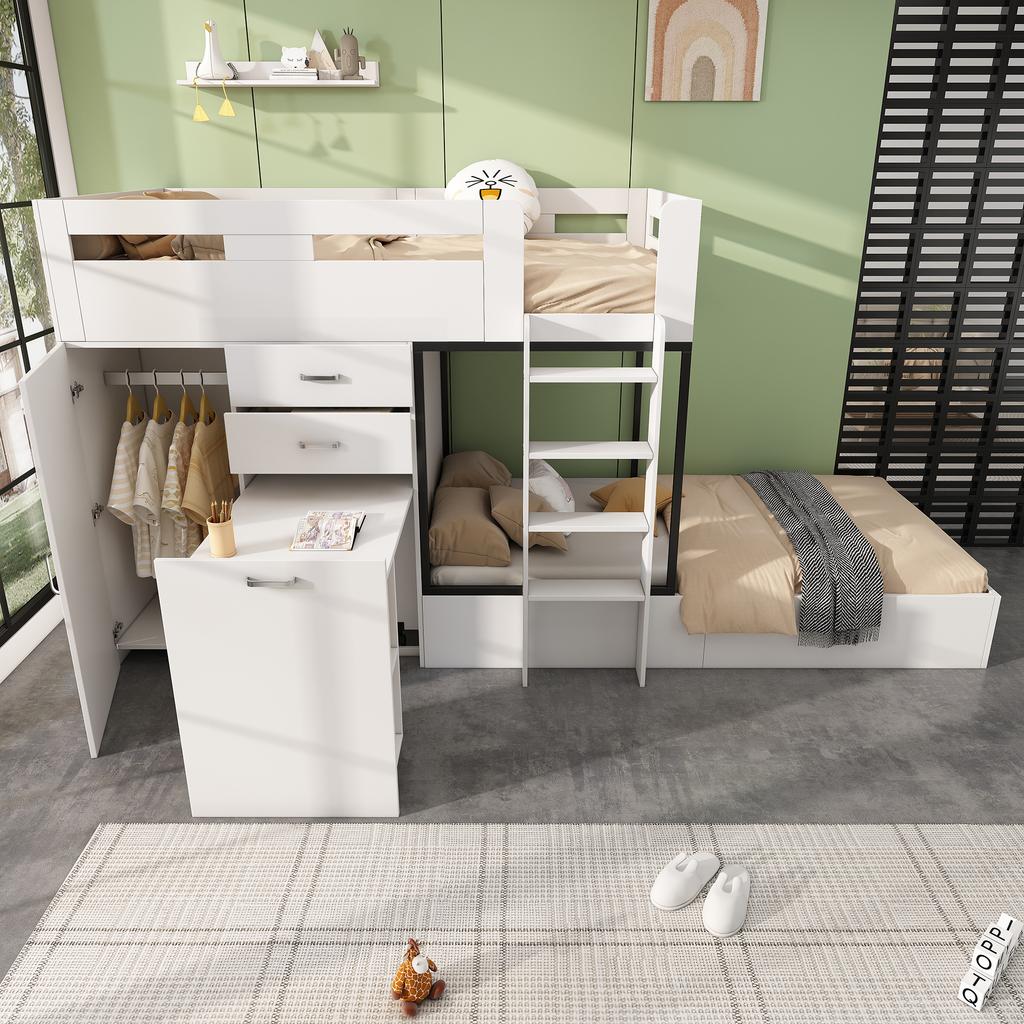 Litera con Escritorio Extraíble y Armario, con Cajón y Estantes y Escalera, sin Colchón, 90*200 cm, Blanco (SKU ANTIGUO:3233289012AAW-1)