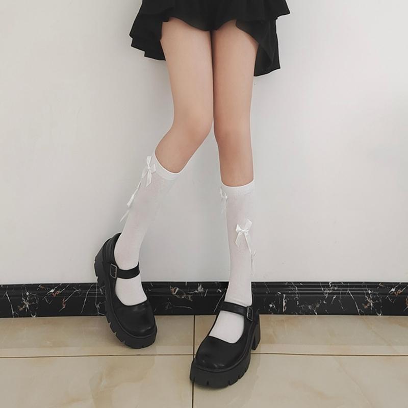 1 Pair Women Ruffle Socks Girl Lace Topped Calf Socks Frilly Socks with Bowties Cotton Socks Princess Style Dress Socks