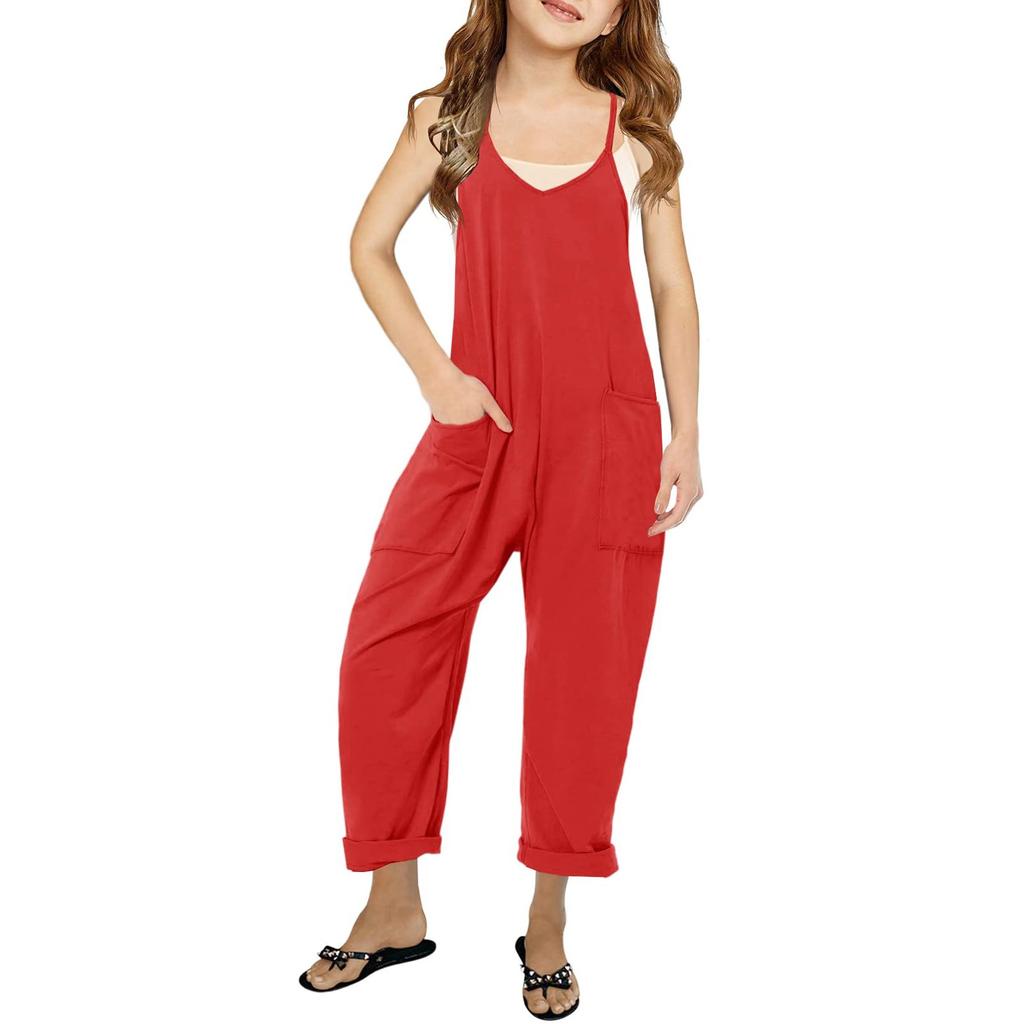 Girls' Casual Sleeveless Jumpsuits Spaghetti Strap Loose Romper Long Pants With Pockets