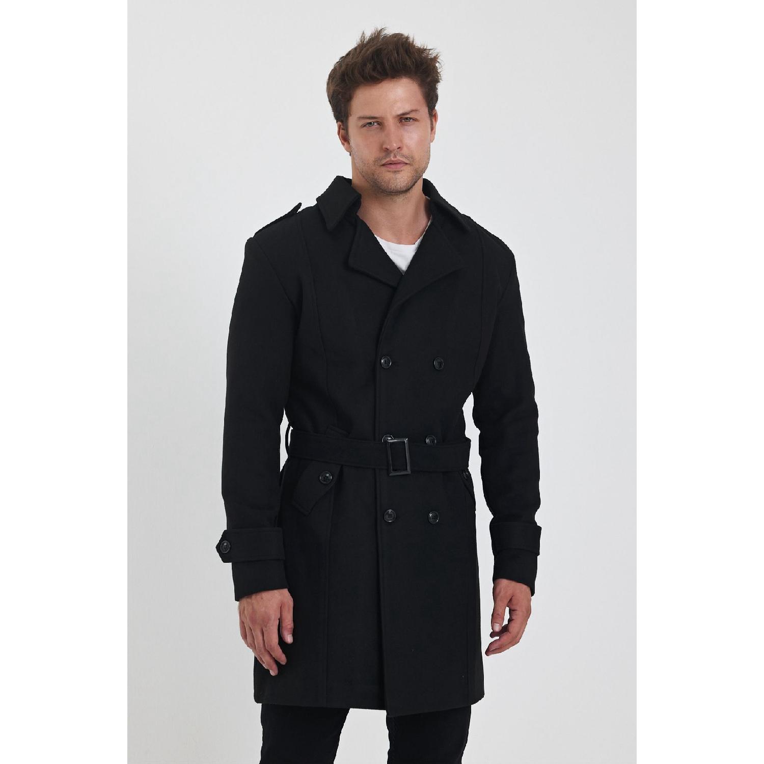 

Мужское черное двубортное длинное приталенное прошитое пальто с воротником S