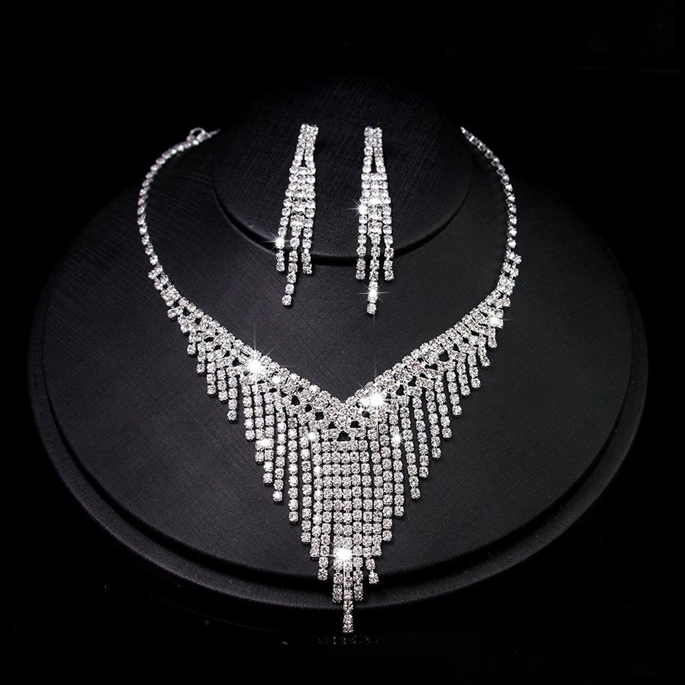 Korean Rhinestone Claw Chain Bridal Necklace and Earring Set