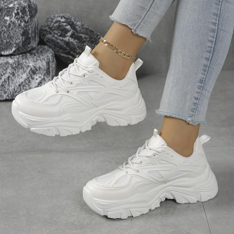 Fashion Solid White Thick Bottom Sneakers Women  Autumn Breathable Mesh Lace Up Sneakers Casual Soft Sole Running Shoes