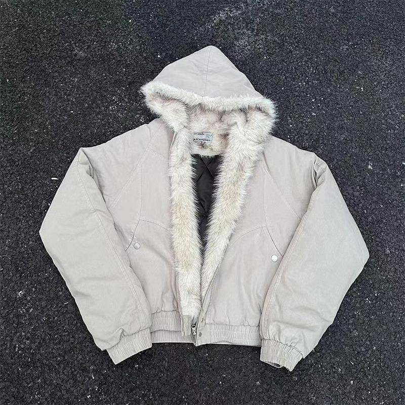 Men's Zuo Shan Diao Winter Hooded Cotton Jacket with Faux Fur Collar - American High Street Style