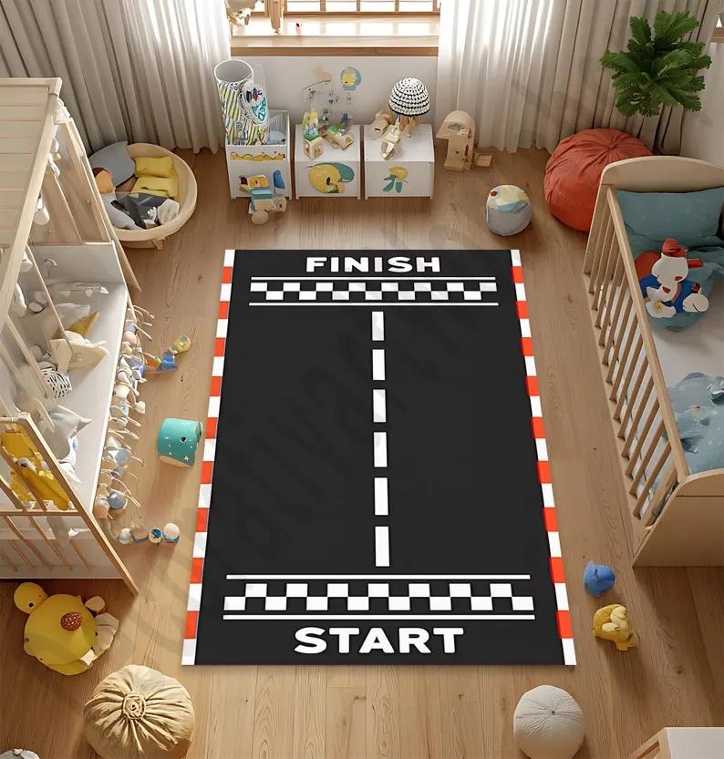 Racing Track Carpet Mat Rug Home Decoration 3D Race Car Track Area Rug Kids Bedroom Living Room Floor Play Mat Bedroom Decor