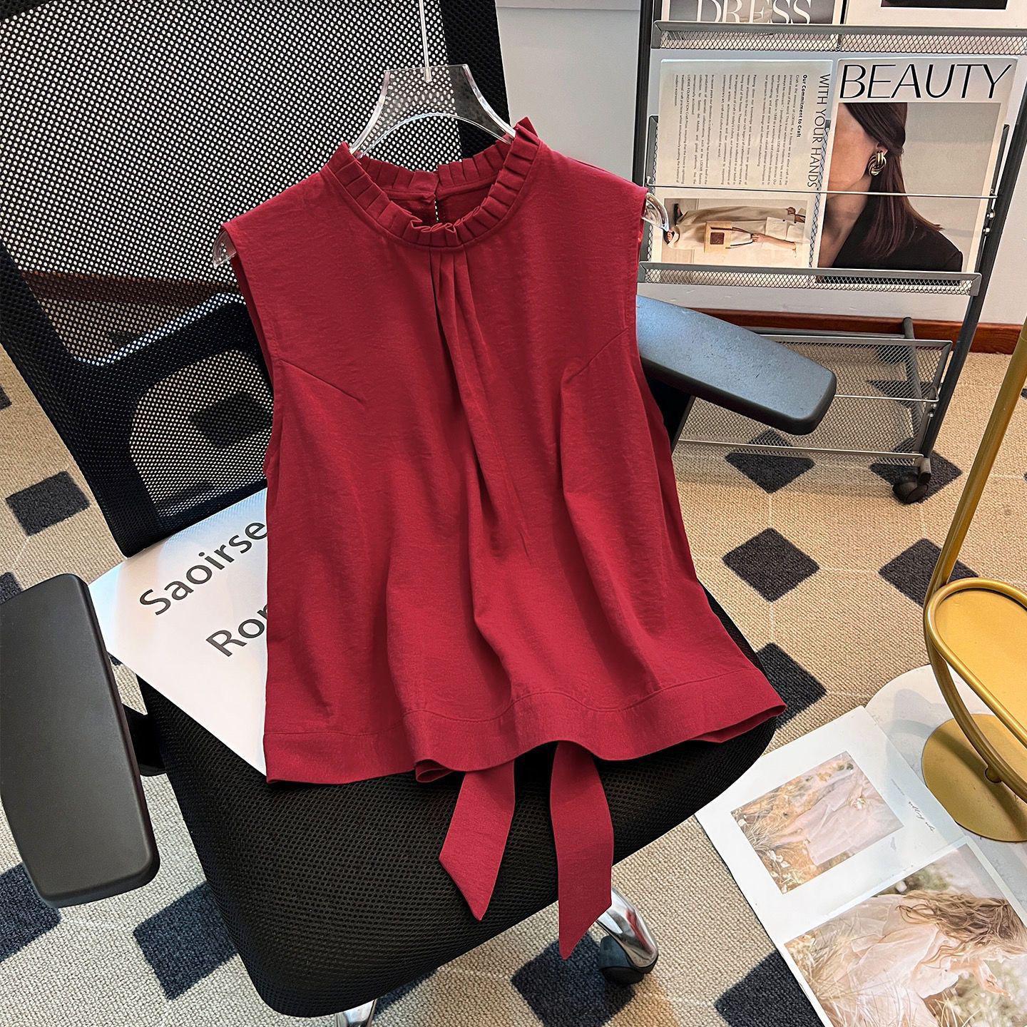 Blue Wood Ear Trim Sleeveless Women s Vest: Luxury Summer 2026 High-End Lightweight Top S for 80-95 jin красный