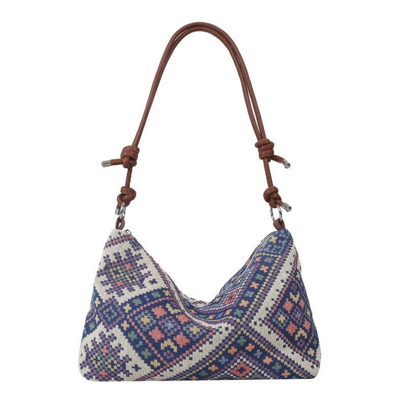 Stylish Ethnic Women s Bag Trendy Cotton Linen Small Square Handbag синий